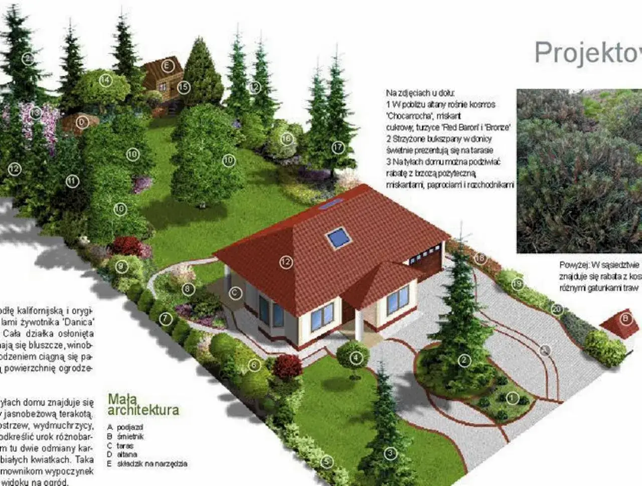 Jak zaprojektować ogród przed domem: wizualizacja z elementami małej architektury, rabatami kwiatowymi i drzewami.