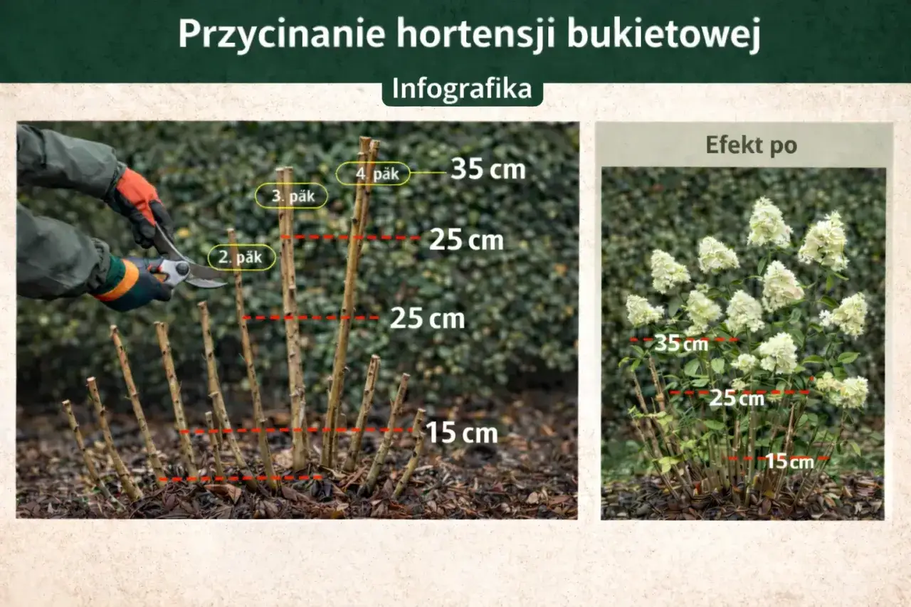 Instrukcja jak przycinać hortensje bukietowe: przycinanie do 2-4 pąków, na wysokości 15-35 cm, by uzyskać bujne kwitnienie.